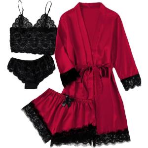 imageLYANER Womens 4pcs Sleepwear Satin Floral Lace Trim Cami Pajama Set with RobeSolid Red