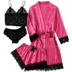imageLYANER Womens 4pcs Sleepwear Satin Floral Lace Trim Cami Pajama Set with RobeSolid Rose