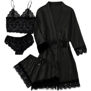imageLYANER Womens 4pcs Sleepwear Satin Floral Lace Trim Cami Pajama Set with RobeTrue Black