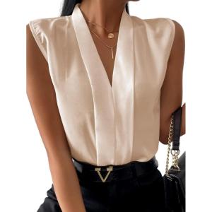imageLYANER Womens Elegant V Neck Pleated Sleeveless Blouse Chiffon Work Shirt Tank TopBeige