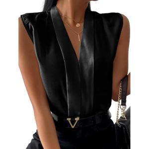 imageLYANER Womens Elegant V Neck Pleated Sleeveless Blouse Chiffon Work Shirt Tank TopBlack