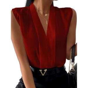 imageLYANER Womens Elegant V Neck Pleated Sleeveless Blouse Chiffon Work Shirt Tank TopBurgundy
