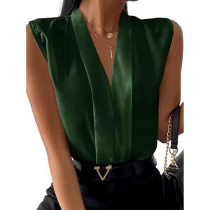 imageLYANER Womens Elegant V Neck Pleated Sleeveless Blouse Chiffon Work Shirt Tank TopDark Green