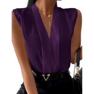 imageLYANER Womens Elegant V Neck Pleated Sleeveless Blouse Chiffon Work Shirt Tank TopDark Purple
