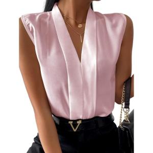 imageLYANER Womens Elegant V Neck Pleated Sleeveless Blouse Chiffon Work Shirt Tank TopDusty Pink