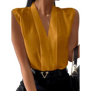 imageLYANER Womens Elegant V Neck Pleated Sleeveless Blouse Chiffon Work Shirt Tank TopGinger
