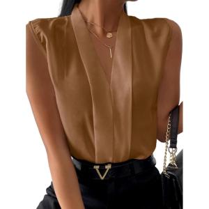 imageLYANER Womens Elegant V Neck Pleated Sleeveless Blouse Chiffon Work Shirt Tank TopKhaki