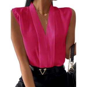 imageLYANER Womens Elegant V Neck Pleated Sleeveless Blouse Chiffon Work Shirt Tank TopRose