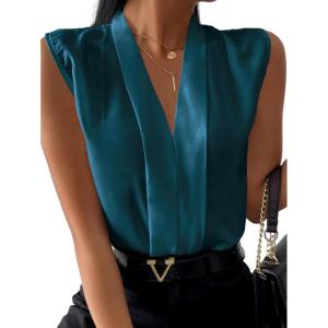 imageLYANER Womens Elegant V Neck Pleated Sleeveless Blouse Chiffon Work Shirt Tank TopTeal Blue