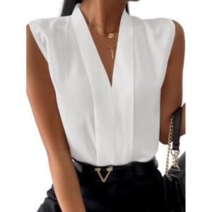imageLYANER Womens Elegant V Neck Pleated Sleeveless Blouse Chiffon Work Shirt Tank TopWhite