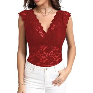 imageLYANER Womens Floral Lace Scallop V Neck Sleeveless Sheer Sexy Tank Top BlouseWine Red