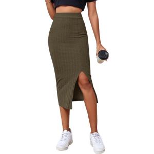 imageLYANER Womens High Waist Stretchy Rib Knit Split Slit Hem Midi Pencil SkirtArmy Green2