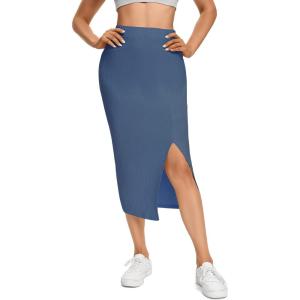 imageLYANER Womens High Waist Stretchy Rib Knit Split Slit Hem Midi Pencil SkirtBlue