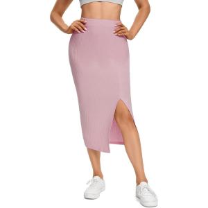imageLYANER Womens High Waist Stretchy Rib Knit Split Slit Hem Midi Pencil SkirtDusty Pink