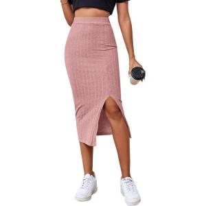 imageLYANER Womens High Waist Stretchy Rib Knit Split Slit Hem Midi Pencil SkirtDusty Pink2