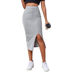 imageLYANER Womens High Waist Stretchy Rib Knit Split Slit Hem Midi Pencil SkirtGrey