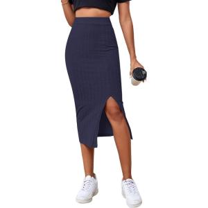imageLYANER Womens High Waist Stretchy Rib Knit Split Slit Hem Midi Pencil SkirtNavy Blue2