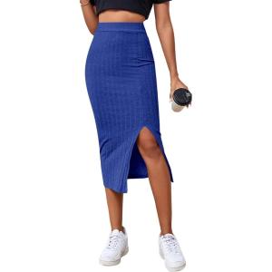 imageLYANER Womens High Waist Stretchy Rib Knit Split Slit Hem Midi Pencil SkirtRoyal Blue2