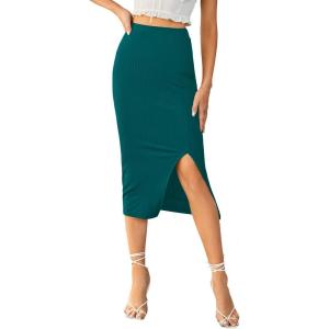 imageLYANER Womens High Waist Stretchy Rib Knit Split Slit Hem Midi Pencil SkirtTeal Green