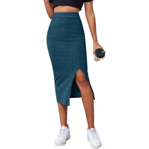 imageLYANER Womens High Waist Stretchy Rib Knit Split Slit Hem Midi Pencil SkirtTeal2