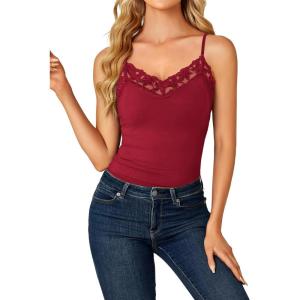 imageLYANER Womens Lace V Neck Camisole Adjustable Strap Cami Sleeveless Tank Undershirt TopBurgundy
