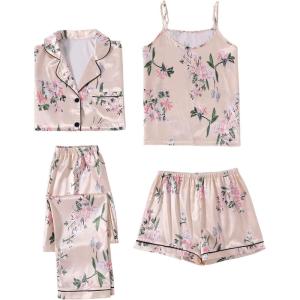 imageLYANER Womens Pajamas Set 4 pcs Satin Silk Cami Top Button Down Loungewear Pjs SetBeige