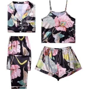 imageLYANER Womens Pajamas Set 4 pcs Satin Silk Cami Top Button Down Loungewear Pjs SetBlack