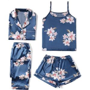 imageLYANER Womens Pajamas Set 4 pcs Satin Silk Cami Top Button Down Loungewear Pjs SetBlue