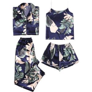 imageLYANER Womens Pajamas Set 4 pcs Satin Silk Cami Top Button Down Loungewear Pjs SetNavy