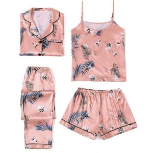 imageLYANER Womens Pajamas Set 4 pcs Satin Silk Cami Top Button Down Loungewear Pjs SetPink