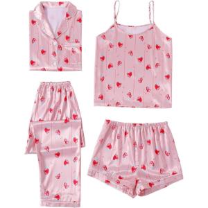 imageLYANER Womens Pajamas Set 4 pcs Satin Silk Cami Top Button Down Loungewear Pjs SetStrawberry Pink