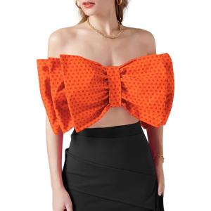 imageLYANER Womens Sexy Layer Bow Tie Tube Crop Top Sleeveless Strapless Print Party Fluffy Tank TopOrange