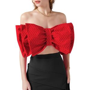 imageLYANER Womens Sexy Layer Bow Tie Tube Crop Top Sleeveless Strapless Print Party Fluffy Tank TopRed