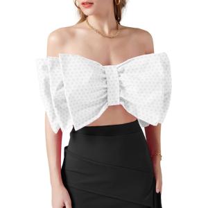 imageLYANER Womens Sexy Layer Bow Tie Tube Crop Top Sleeveless Strapless Print Party Fluffy Tank TopWhite