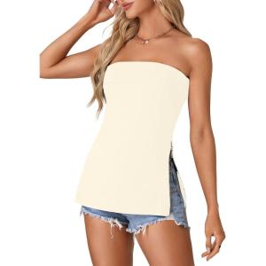 imageLYANER Womens Sexy Strapless Tank Side Split Backless Bandeau Tube Top CamiBeige