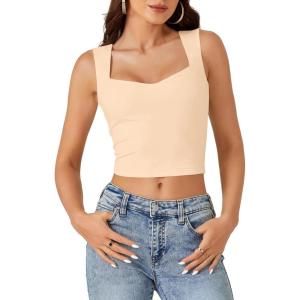 imageLYANER Womens Summer Crop Tops Square Neck Sleeveless Tank Top Sexy Cami ShirtsBeige