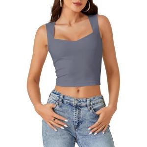 imageLYANER Womens Summer Crop Tops Square Neck Sleeveless Tank Top Sexy Cami ShirtsDark Gray