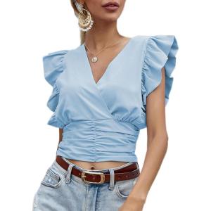 imageLYANER Womens Wrap V Neck Ruffle Cap Sleeve Crop Top Shirred Hem Sleeveless Blouse Tank TopAzure