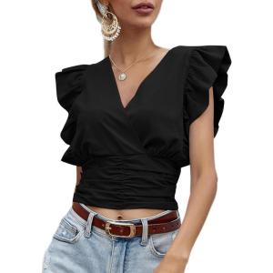 imageLYANER Womens Wrap V Neck Ruffle Cap Sleeve Crop Top Shirred Hem Sleeveless Blouse Tank TopBlack