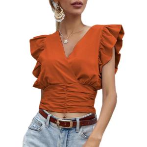imageLYANER Womens Wrap V Neck Ruffle Cap Sleeve Crop Top Shirred Hem Sleeveless Blouse Tank TopCaramel