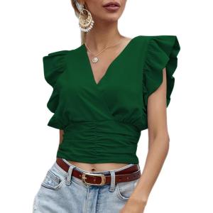 imageLYANER Womens Wrap V Neck Ruffle Cap Sleeve Crop Top Shirred Hem Sleeveless Blouse Tank TopDark Green