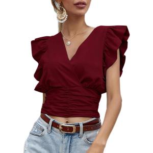 imageLYANER Womens Wrap V Neck Ruffle Cap Sleeve Crop Top Shirred Hem Sleeveless Blouse Tank TopDark Red