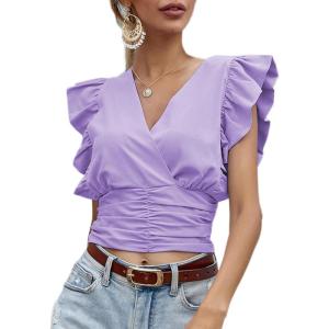 imageLYANER Womens Wrap V Neck Ruffle Cap Sleeve Crop Top Shirred Hem Sleeveless Blouse Tank TopLight Purple
