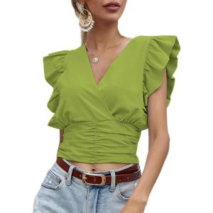 imageLYANER Womens Wrap V Neck Ruffle Cap Sleeve Crop Top Shirred Hem Sleeveless Blouse Tank TopPea Green