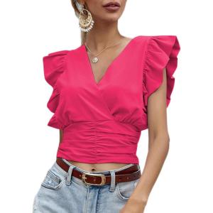 imageLYANER Womens Wrap V Neck Ruffle Cap Sleeve Crop Top Shirred Hem Sleeveless Blouse Tank TopRose