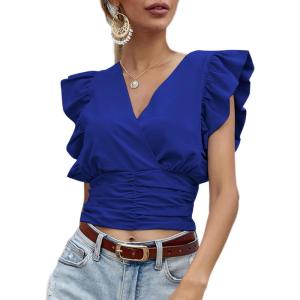 imageLYANER Womens Wrap V Neck Ruffle Cap Sleeve Crop Top Shirred Hem Sleeveless Blouse Tank TopRoyal Blue