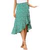 imageLYANER Womens Boho Floral Print Wrap Front Self Tie Knot Ruffle Hem Split Midi SkirtGreen