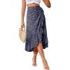imageLYANER Womens Boho Floral Print Wrap Front Self Tie Knot Ruffle Hem Split Midi SkirtNavywhite
