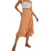 imageLYANER Womens Boho Floral Print Wrap Front Self Tie Knot Ruffle Hem Split Midi SkirtOrange