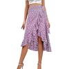 imageLYANER Womens Boho Floral Print Wrap Front Self Tie Knot Ruffle Hem Split Midi SkirtPurple Flower